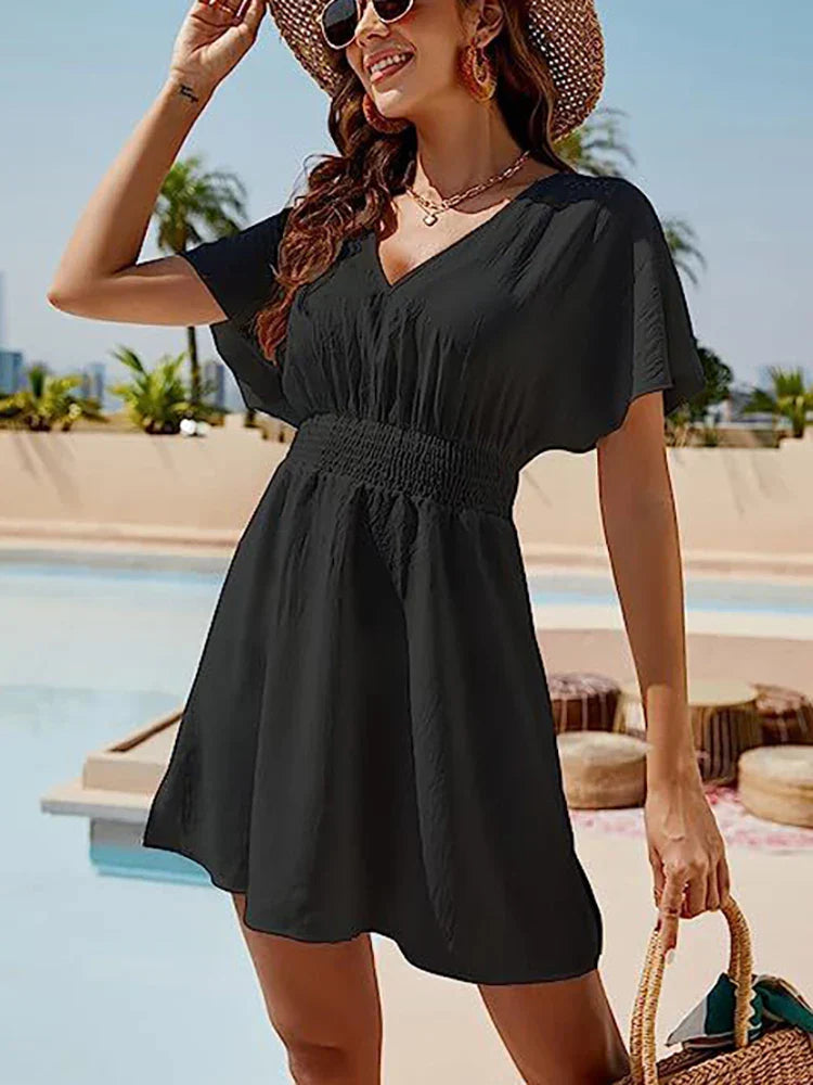 CM | 2024 Sólido suelto blanco vestido de playa damas boho mini vestido