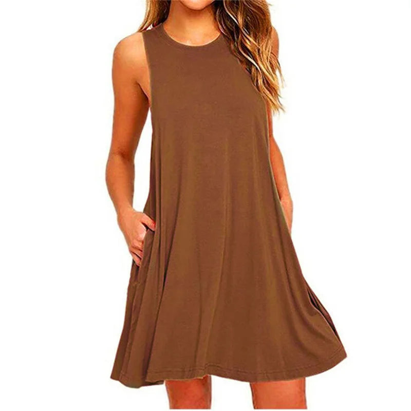CM | Sin Mangas Señoras O-Cuello Club Playa A-Line Mini Vestidos Midi Vestidos