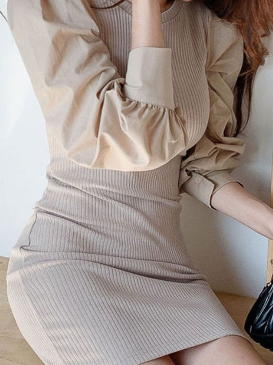 CM | Vestido Midi de Punto de Manga Larga Patchwork