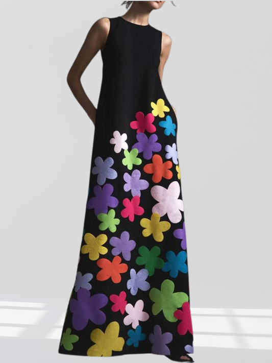 CM | Maxi vestido negro con estampado floral y escote redondo