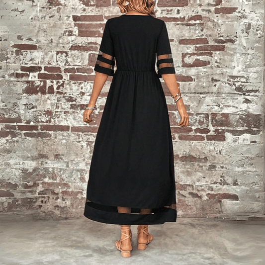 CM | Maxivestido de mujer - Corte vaporoso - Cintura imperio - Encaje en las mangas - Largo hasta los tobillos