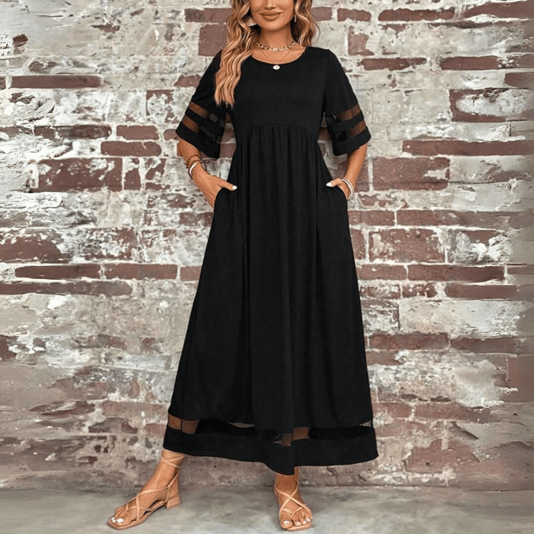 CM | Maxivestido de mujer - Corte vaporoso - Cintura imperio - Encaje en las mangas - Largo hasta los tobillos