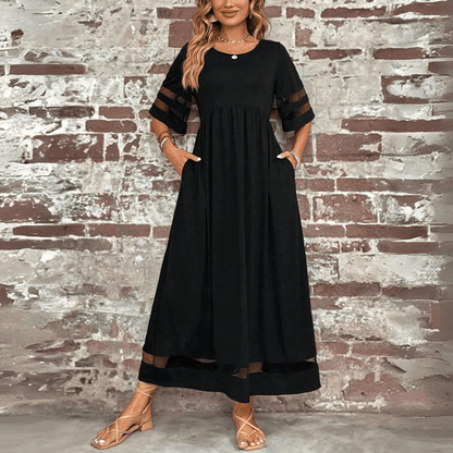 CM | Maxivestido de mujer - Corte vaporoso - Cintura imperio - Encaje en las mangas - Largo hasta los tobillos