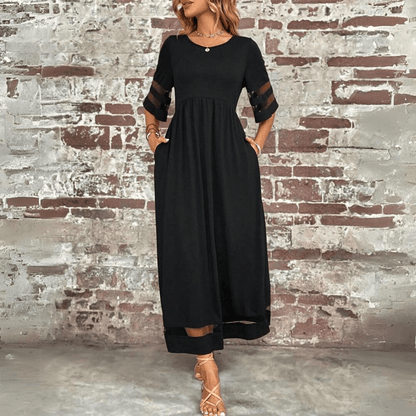 CM | Maxivestido de mujer - Corte vaporoso - Cintura imperio - Encaje en las mangas - Largo hasta los tobillos