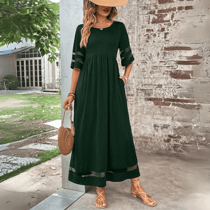 CM | Maxivestido de mujer - Corte vaporoso - Cintura imperio - Encaje en las mangas - Largo hasta los tobillos