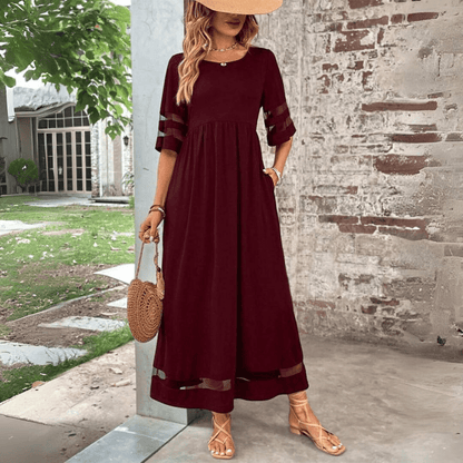 CM | Maxivestido de mujer - Corte vaporoso - Cintura imperio - Encaje en las mangas - Largo hasta los tobillos