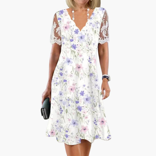 CM | Vestido midi floral de mujer con mangas de encaje para llevar en verano
