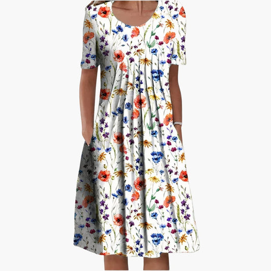 CM | Vestido midi de verano para mujer con estampado floral y manga corta