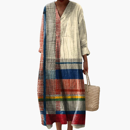 CM | Ladies maxi vestido patchwork manga larga para primavera otoño