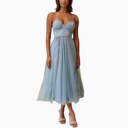 CM | maxi vestido de tul para mujer con tirantes finos y busto fruncido