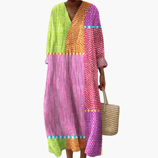 CM | Vestido midi de mujer de manga larga con estampado patchwork