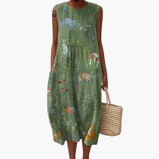 CM | Vestido midi de mujer sin mangas con estampado de bosque y bolsillos