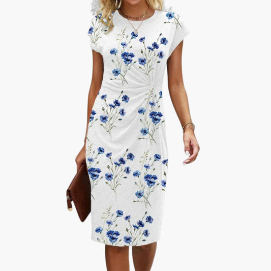 CM | Vestido midi floral de mujer con escote redondo y manga corta