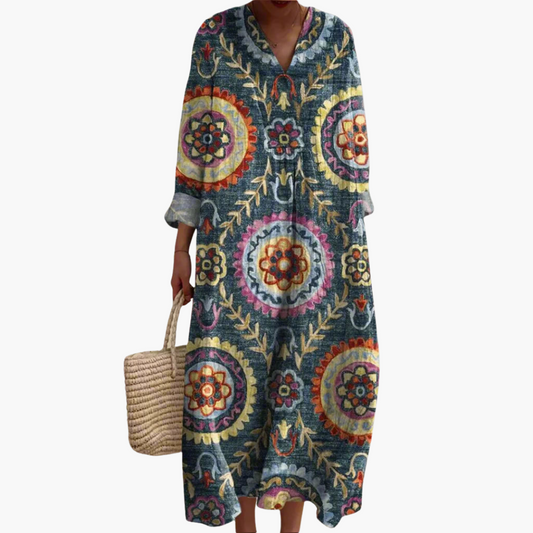 CM | Vestido midi de mujer con escote en V y manga larga