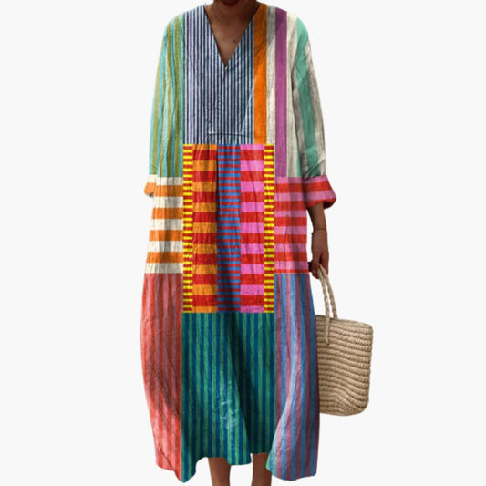CM | Vestido midi de mujer de manga larga con escote en V y patchwork
