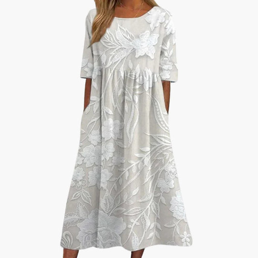 CM | Vestido midi de encaje floral para mujer con mangas cortas y corte en A
