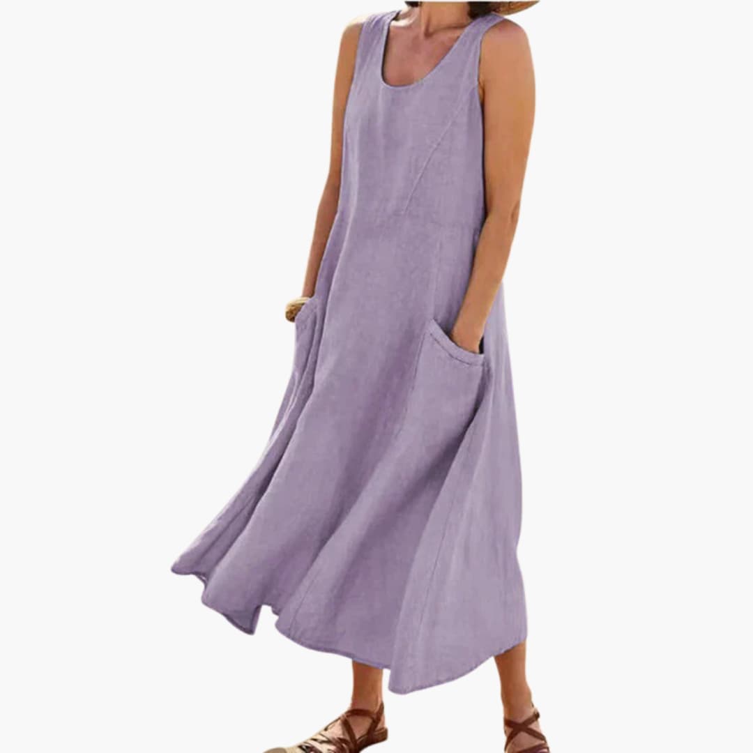 CM | Vestido midi sin mangas de lino para mujer con escote redondo y bolsillos