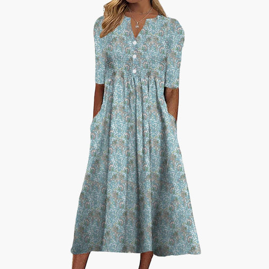 CM | Vestido midi floral de mujer con escote en V y bolsillos laterales