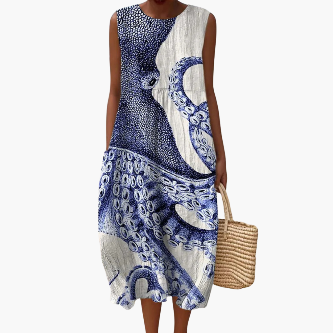 CM | Vestido midi de mujer sin mangas con estampado de pulpos y espalda con cordones