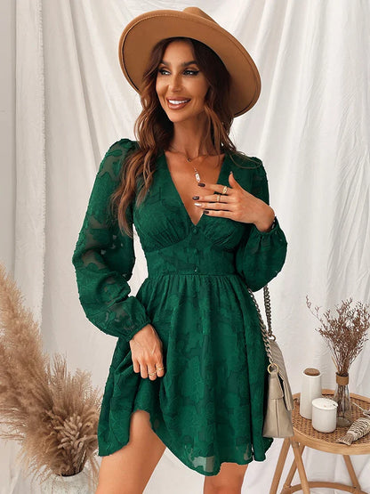 CM | 2024 Sexy mini vestido boho verde de manga larga y escote en A
