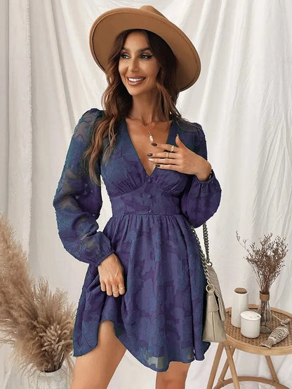 CM | 2024 Sexy mini vestido boho verde de manga larga y escote en A