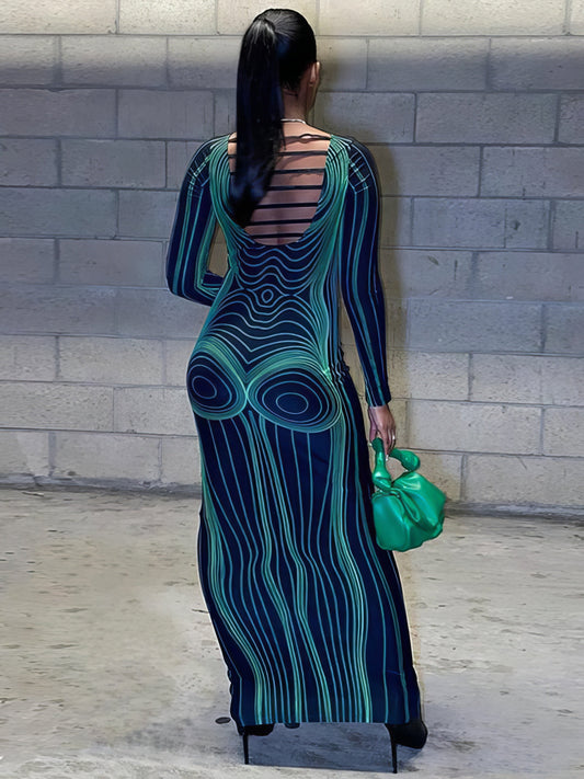 CM | Impreso Backless Slim Cuello Redondo Manga Larga Maxi Vestido