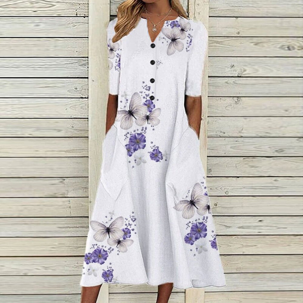 CM | Vestido midi de mujer - cuello de pico - tapeta de botones - manga corta - estampado floral de mariposas - bolsillos