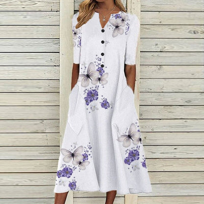 CM | Vestido midi de mujer - cuello de pico - tapeta de botones - manga corta - estampado floral de mariposas - bolsillos