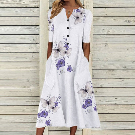 CM | Vestido midi de mujer - cuello de pico - tapeta de botones - manga corta - estampado floral de mariposas - bolsillos
