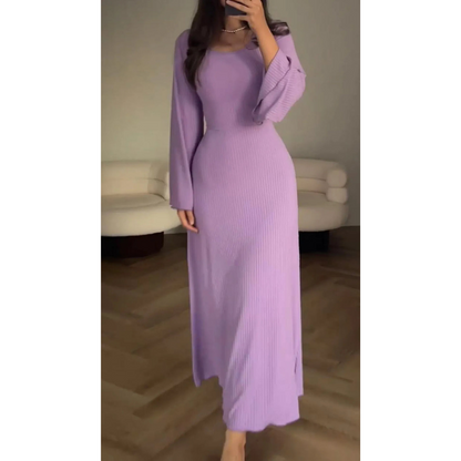 CM | maxi vestido de punto para mujer - textura acanalada - manga larga - escote redondo - dobladillo acampanado