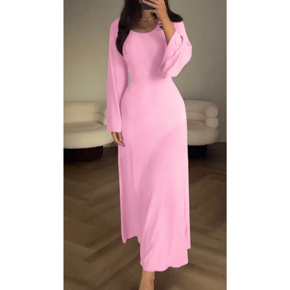 CM | maxi vestido de punto para mujer - textura acanalada - manga larga - escote redondo - dobladillo acampanado
