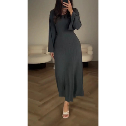CM | maxi vestido de punto para mujer - textura acanalada - manga larga - escote redondo - dobladillo acampanado