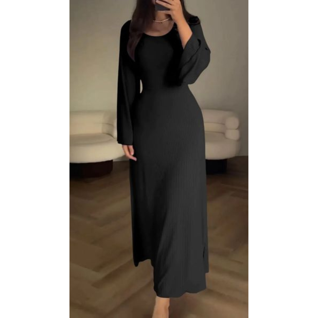 CM | maxi vestido de punto para mujer - textura acanalada - manga larga - escote redondo - dobladillo acampanado