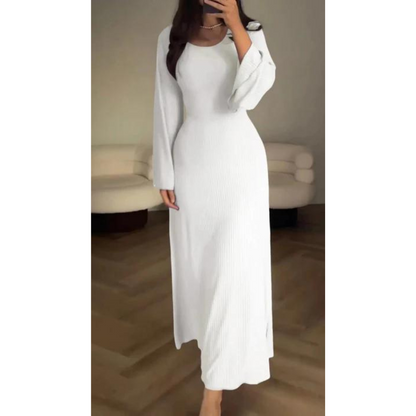 CM | maxi vestido de punto para mujer - textura acanalada - manga larga - escote redondo - dobladillo acampanado