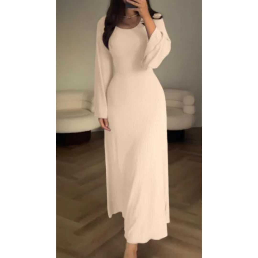 CM | maxi vestido de punto para mujer - textura acanalada - manga larga - escote redondo - dobladillo acampanado