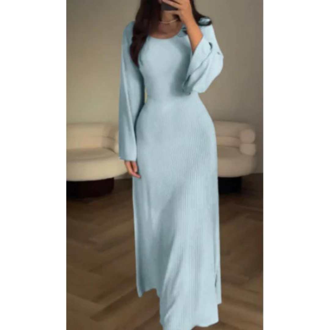 CM | maxi vestido de punto para mujer - textura acanalada - manga larga - escote redondo - dobladillo acampanado