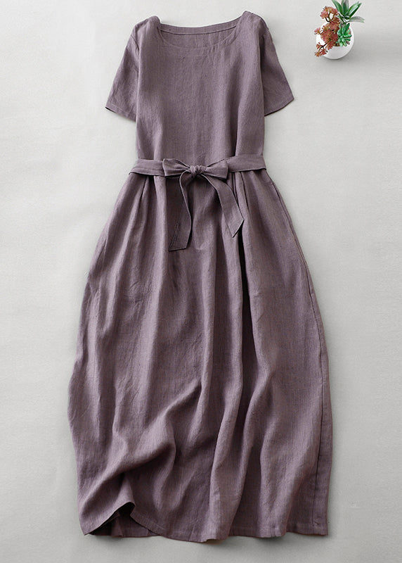 CM | Purple O Neck Tie Waist Bolsillos Lino Vestido Largo Verano AH596