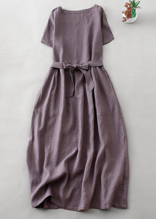 CM | Purple O Neck Tie Waist Bolsillos Lino Vestido Largo Verano AH596