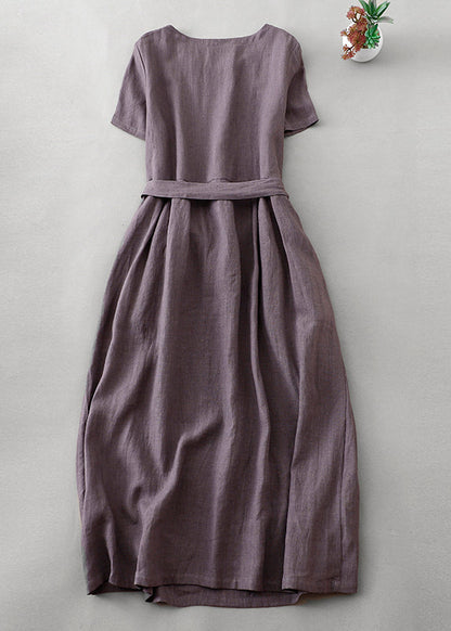 CM | Purple O Neck Tie Waist Bolsillos Lino Vestido Largo Verano AH596