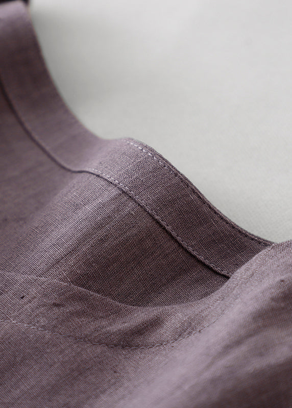 CM | Purple O Neck Tie Waist Bolsillos Lino Vestido Largo Verano AH596