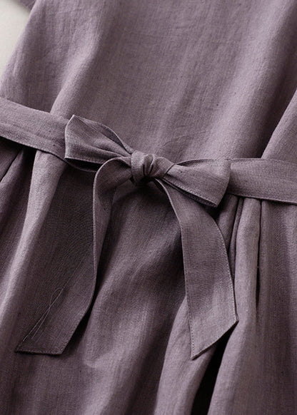 CM | Purple O Neck Tie Waist Bolsillos Lino Vestido Largo Verano AH596