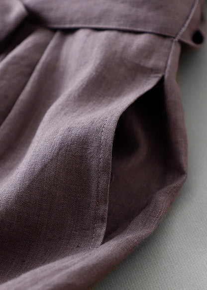 CM | Purple O Neck Tie Waist Bolsillos Lino Vestido Largo Verano AH596