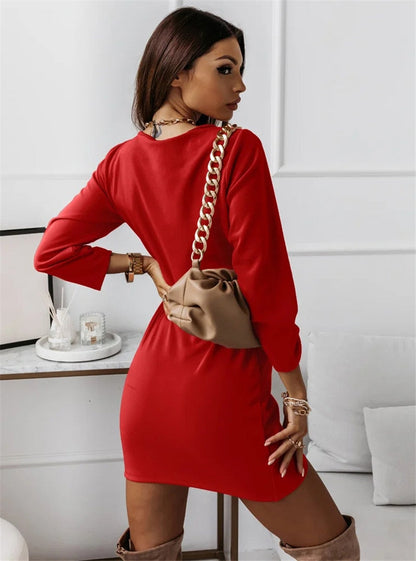 CM | Vestidos de color sólido Cuello en V manga larga delgado mini vestido
