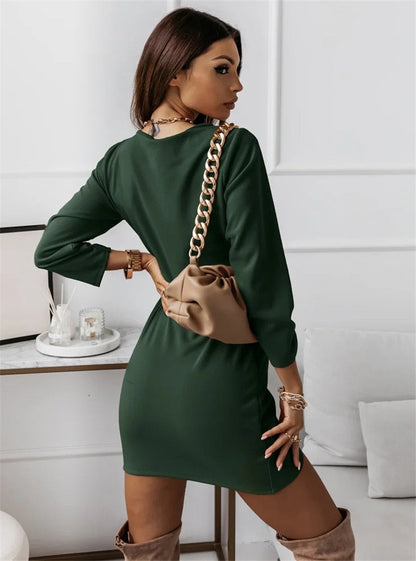 CM | Vestidos de color sólido Cuello en V manga larga delgado mini vestido
