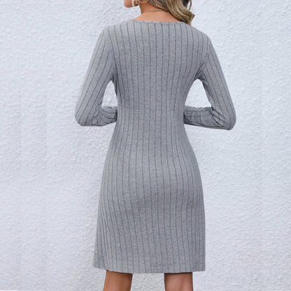 CM | Chic vestido midi con escote en V y cintura abotonada, manga larga, monocolor
