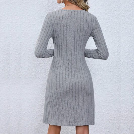 CM | Chic vestido midi con escote en V y cintura abotonada, manga larga, monocolor
