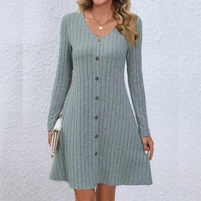 CM | Chic vestido midi con escote en V y cintura abotonada, manga larga, monocolor