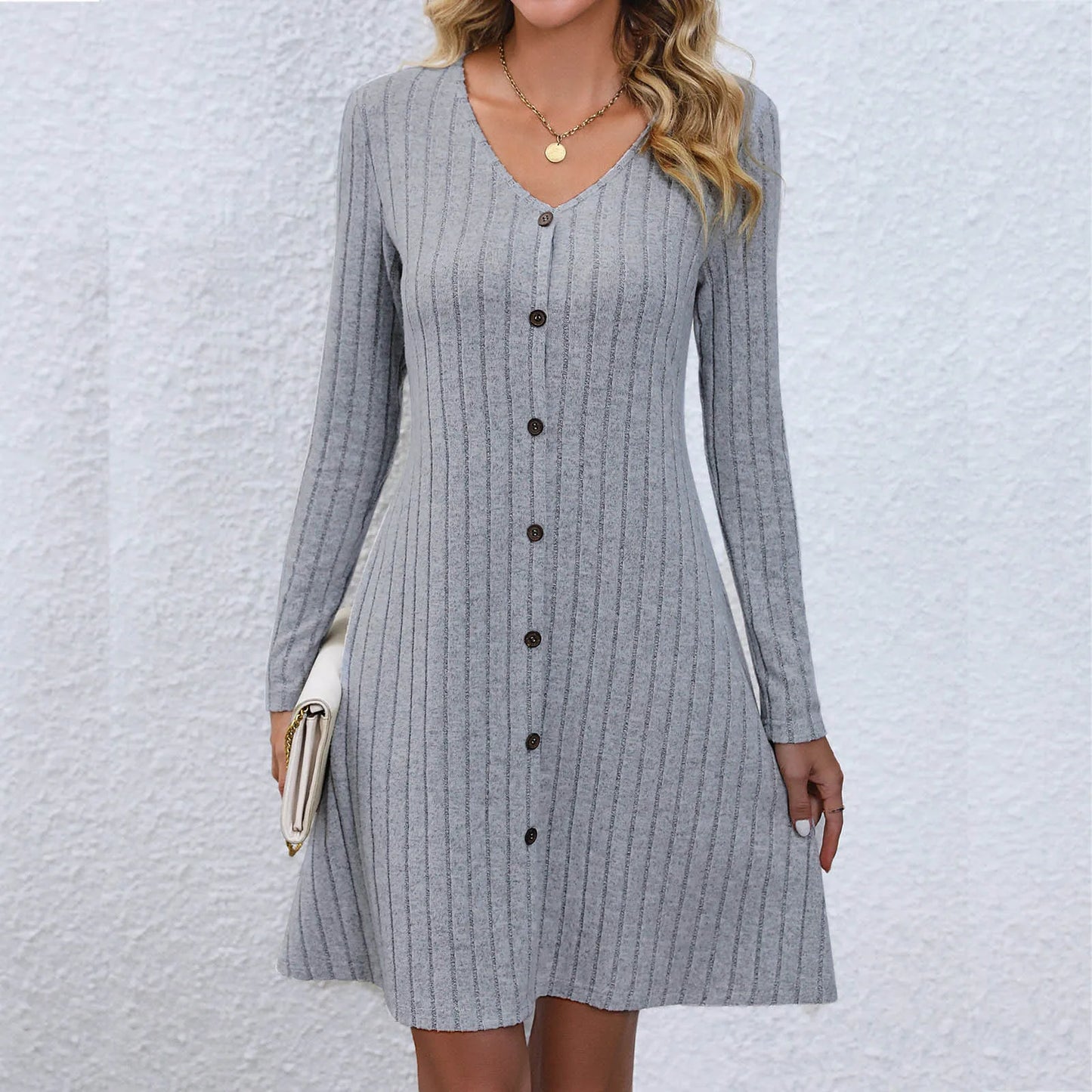 CM | Chic vestido midi con escote en V y cintura abotonada, manga larga, monocolor
