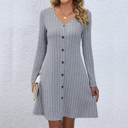 CM | Chic vestido midi con escote en V y cintura abotonada, manga larga, monocolor