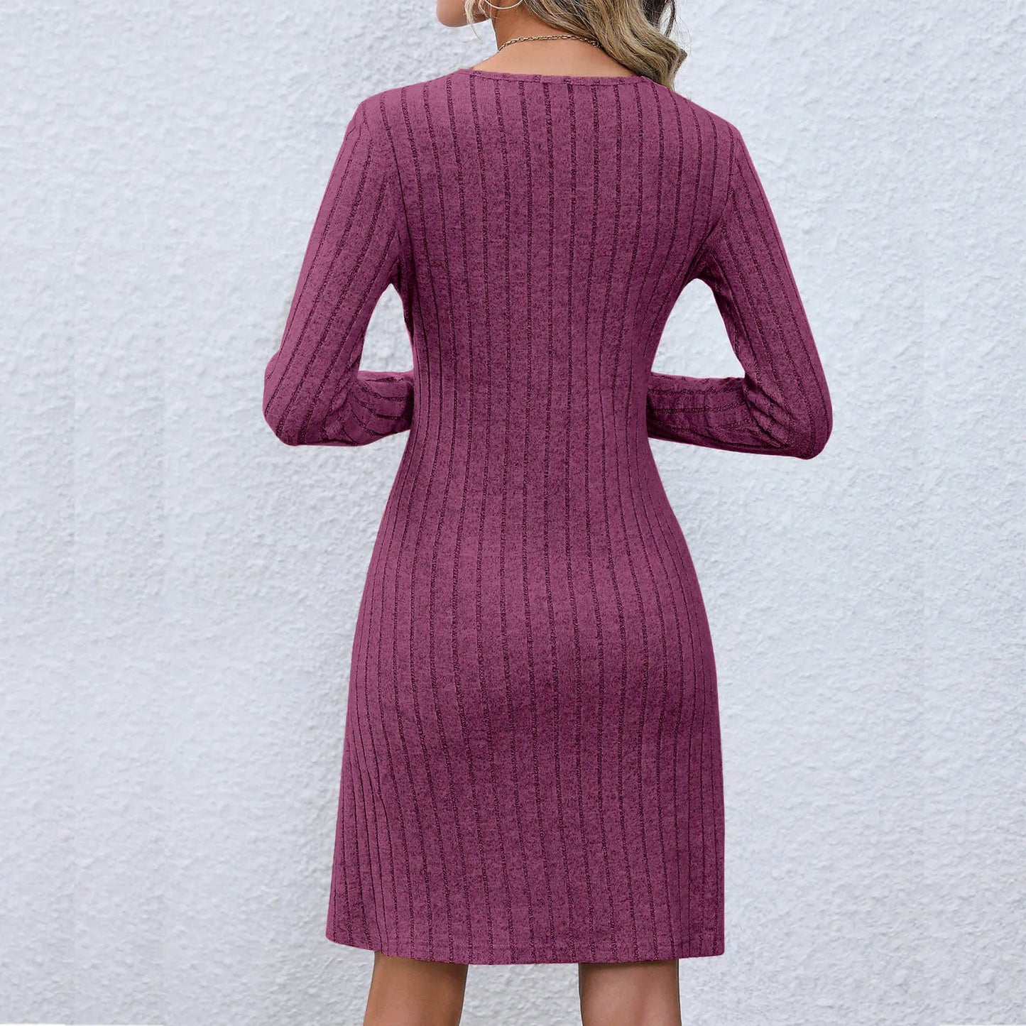 CM | Chic vestido midi con escote en V y cintura abotonada, manga larga, monocolor